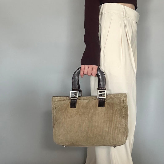 FENDI Handbag Tote Bag FF Purse Corduroy Beige Brown Silver Women's Used Auth