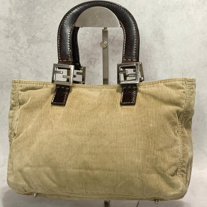 FENDI Handbag Tote Bag FF Purse Corduroy Beige Brown Silver Women's Used Auth