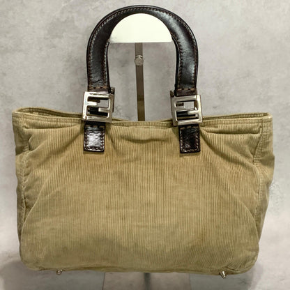 FENDI Handbag Tote Bag FF Purse Corduroy Beige Brown Silver Women's Used Auth