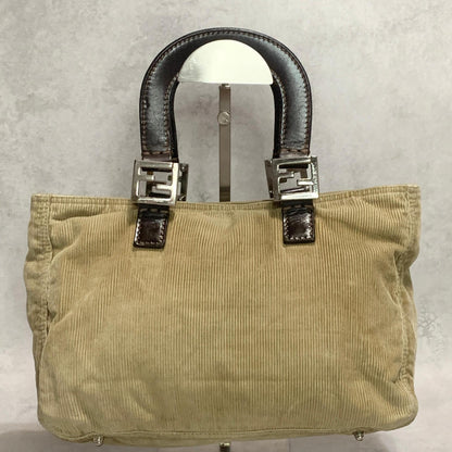 FENDI Handbag Tote Bag FF Purse Corduroy Beige Brown Silver Women's Used Auth