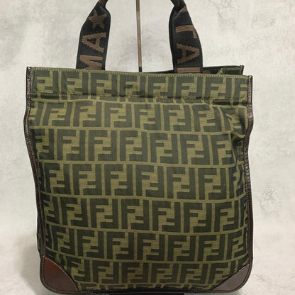 FENDI Bag FF Zucca Hand Tote Purse Canvas Brown Silver Used Women's Authentic