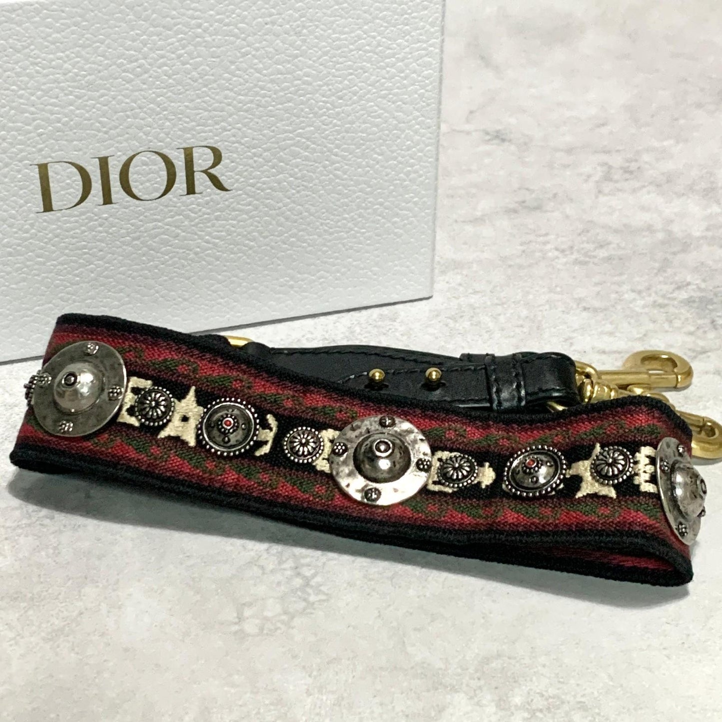 Christian Dior Shoulder Strap Embroidery Studs Logo Adjustable Canvas Red Silver
