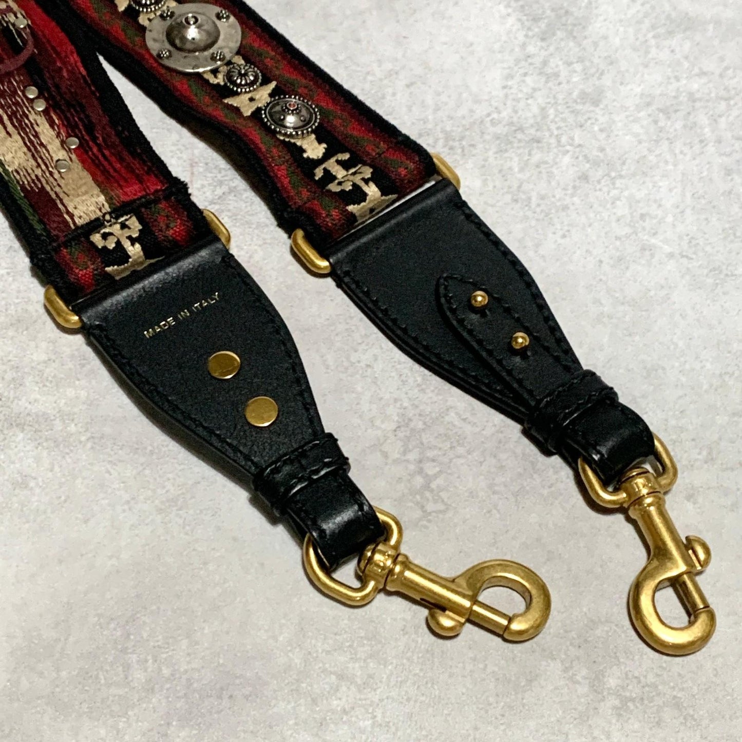 Christian Dior Shoulder Strap Embroidery Studs Logo Adjustable Canvas Red Silver