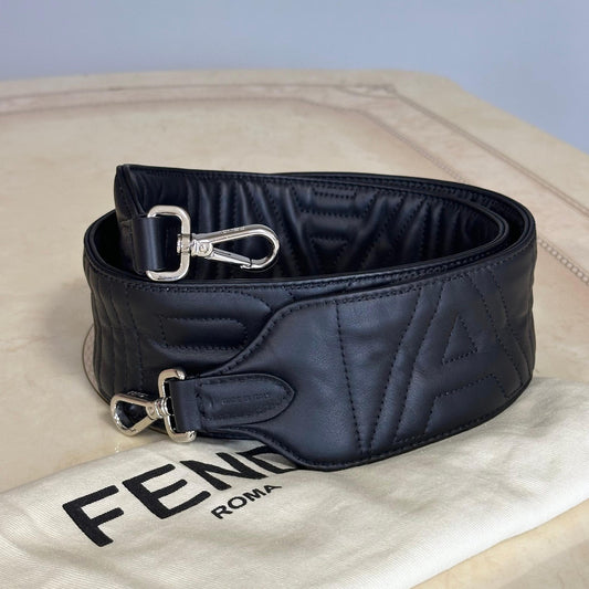 FENDI Strap you Shoulder Strap Stitch Logo Quilted Leather Black Silver Auth