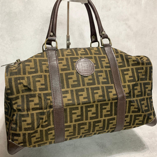 FENDI Boston Bag Zucca Canvas FF Handbag Tote Purse Brown Used Authentic Unisex