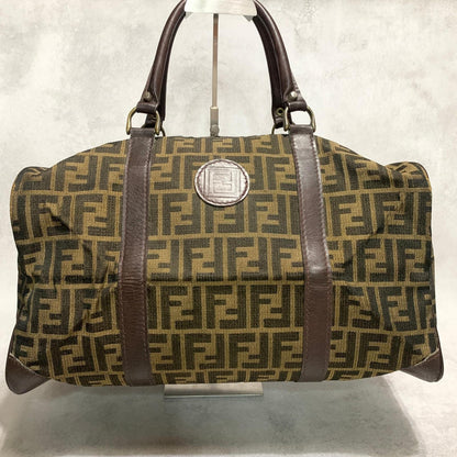 FENDI Boston Bag Zucca Canvas FF Handbag Tote Purse Brown Used Authentic Unisex