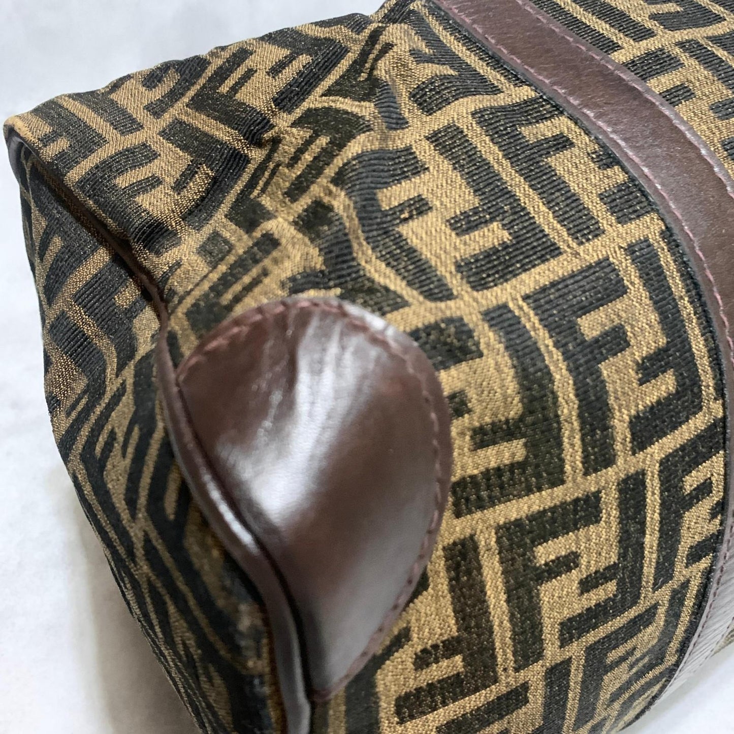 FENDI Boston Bag Zucca Canvas FF Handbag Tote Purse Brown Used Authentic Unisex