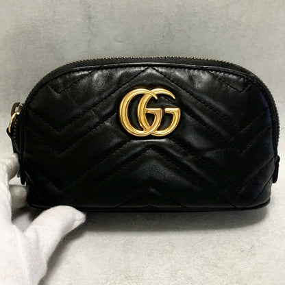 GUCCI Cosmetic Pouch GG Marmont Quilted Purse Leather Black Used Women's