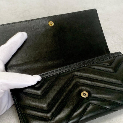 GUCCI Long Wallet GG Marmont Quilted Flap Purse Leather Black Gold Unisex Auth