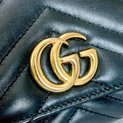 GUCCI Long Wallet GG Marmont Quilted Flap Purse Leather Black Gold Unisex Auth