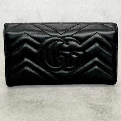 GUCCI Long Wallet GG Marmont Quilted Flap Purse Leather Black Gold Unisex Auth