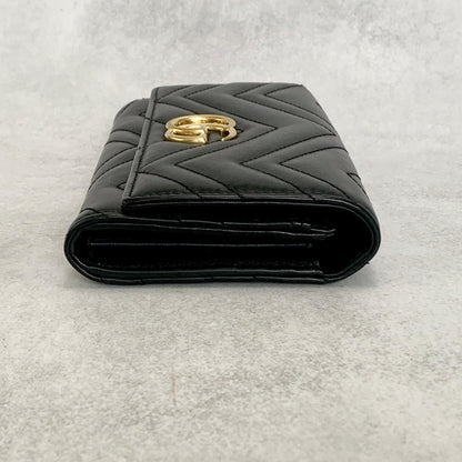 GUCCI Long Wallet GG Marmont Quilted Flap Purse Leather Black Gold Unisex Auth