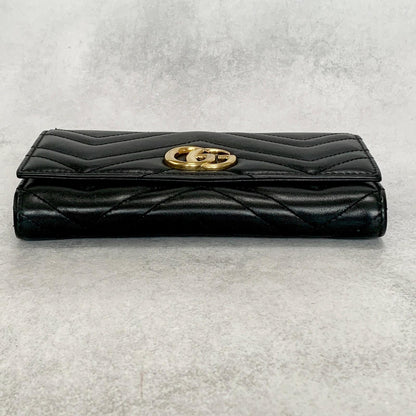 GUCCI Long Wallet GG Marmont Quilted Flap Purse Leather Black Gold Unisex Auth