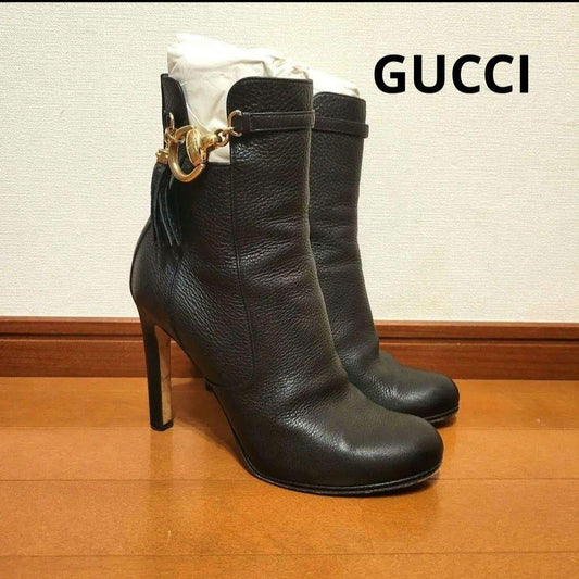 GUCCI Short Boots Shoes EU 39 US 9 Leather Black Authentic