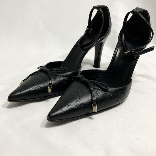 GUCCI Shoes Pumps Heel GG EU 37.5 US 7.5 Leather Black Authentic