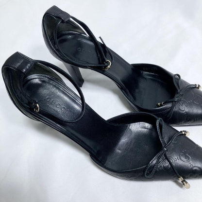 GUCCI Shoes Pumps Heel GG EU 37.5 US 7.5 Leather Black Authentic