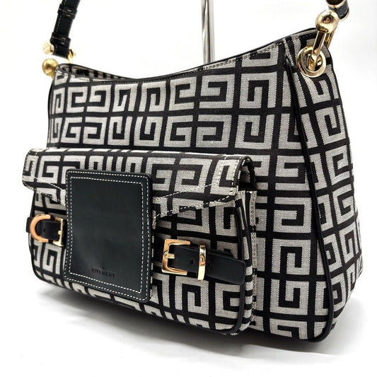 GIVENCHY Hand Bag Tote Purse 4G Canvas Leather Beige Black Authentic