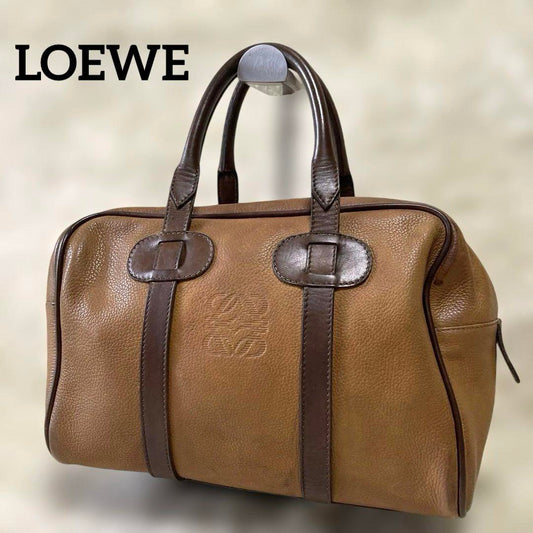 LOEWE Boston Bag Hand Tote Purse Anagram Leather Brown Authentic