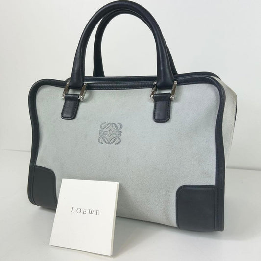 LOEWE Hand Bag Tote Purse Mini Boston Anagram Suede Leather Greige Black Auth