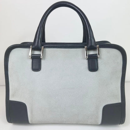 LOEWE Hand Bag Tote Purse Mini Boston Anagram Suede Leather Greige Black Auth