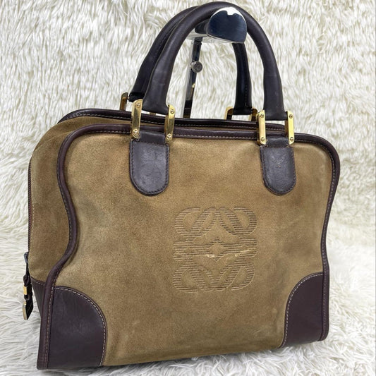 LOEWE Hand Bag Tote Purse Anagram Suede Leather Light Brown Authentic