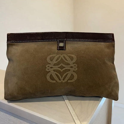 LOEWE Clutch Bag Second Bag Anagram Suede Leather Brown Authentic