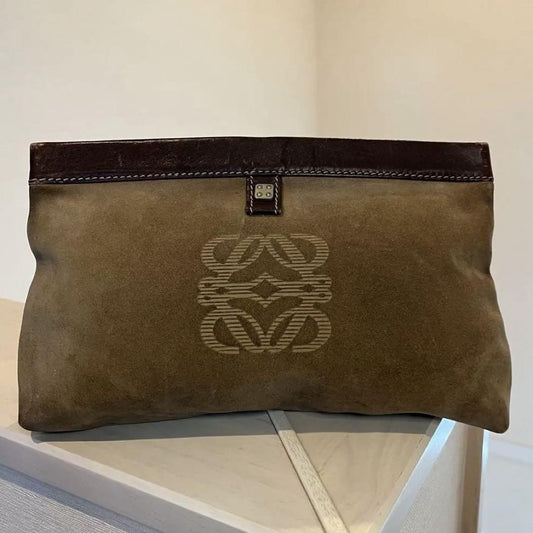 LOEWE Clutch Bag Second Bag Anagram Suede Leather Brown Authentic