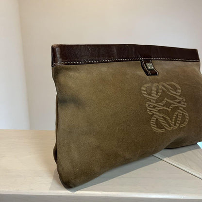 LOEWE Clutch Bag Second Bag Anagram Suede Leather Brown Authentic