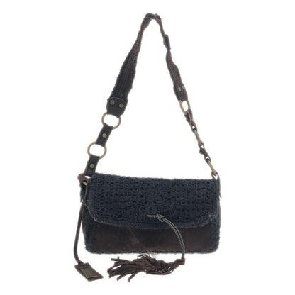 Dolce & Gabbana Shoulder Bag Purse Leopard Knit Suede Leather Black Brown Auth