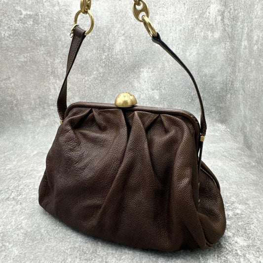 Dolce & Gabbana Shoulder Bag Purse KissLock Leather Brown Authentic