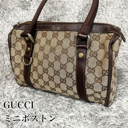 GUCCI Mini Boston Bag Hand Tote Purse GG Canvas Leather Brown Beige Authentic