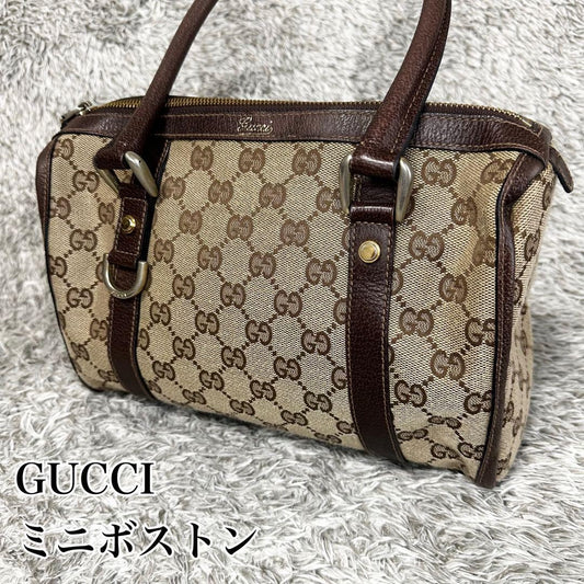 GUCCI Mini Boston Bag Hand Tote Purse GG Canvas Leather Brown Beige Authentic