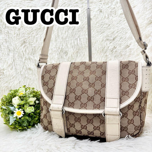 GUCCI Shoulder Bag Purse GG Canvas Leather White Brown Authentic