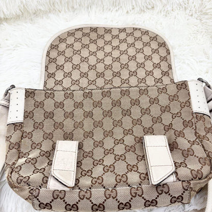 GUCCI Shoulder Bag Purse GG Canvas Leather White Brown Authentic