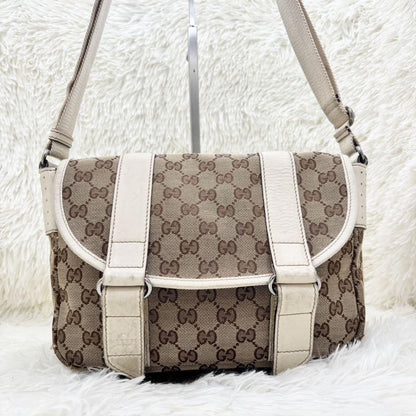 GUCCI Shoulder Bag Purse GG Canvas Leather White Brown Authentic