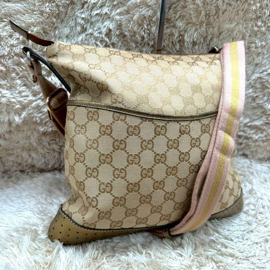 GUCCI Shoulder Bag Purse GG Canvas Leather Beige Gold Authentic