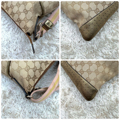 GUCCI Shoulder Bag Purse GG Canvas Leather Beige Gold Authentic