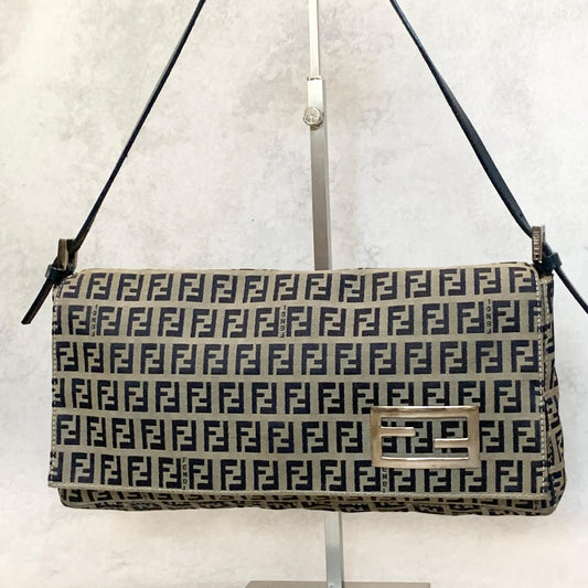 FENDI Shoulder Bag Baguette Zucchino FF Purse Canvas Leather Authentic