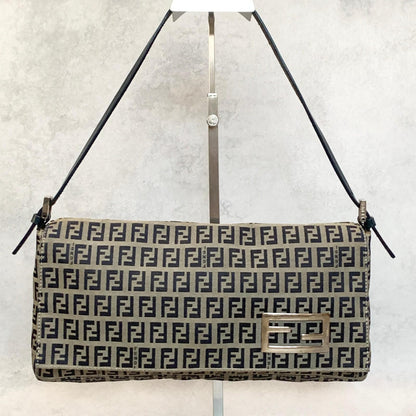 FENDI Shoulder Bag Baguette Zucchino FF Purse Canvas Leather Authentic