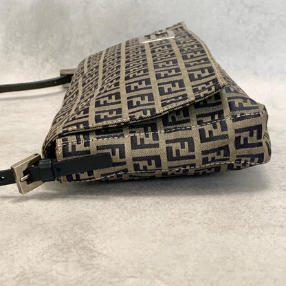 FENDI Shoulder Bag Baguette Zucchino FF Purse Canvas Leather Authentic