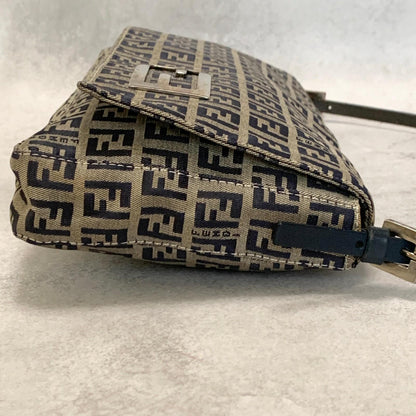 FENDI Shoulder Bag Baguette Zucchino FF Purse Canvas Leather Authentic
