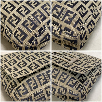 FENDI Shoulder Bag Baguette Zucchino FF Purse Canvas Leather Authentic