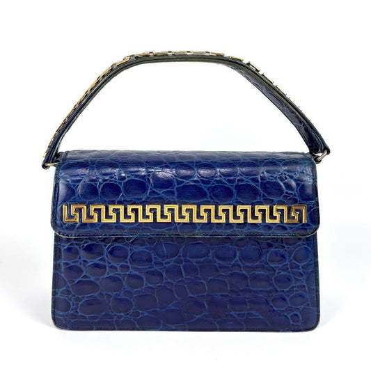 VERSACE Hand Bag Tote Purse Leather Blue Authentic