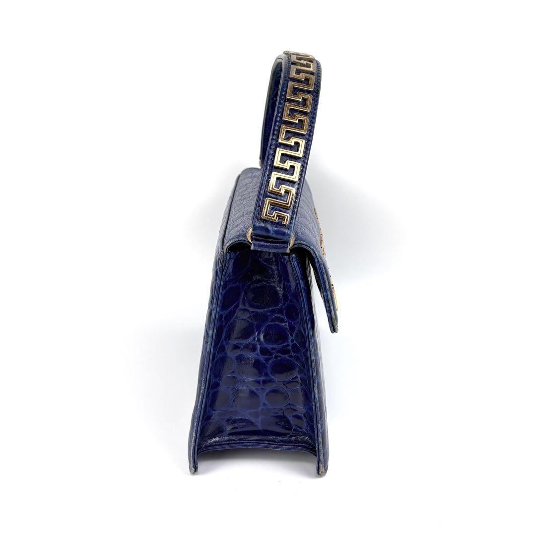 VERSACE Hand Bag Tote Purse Leather Blue Authentic