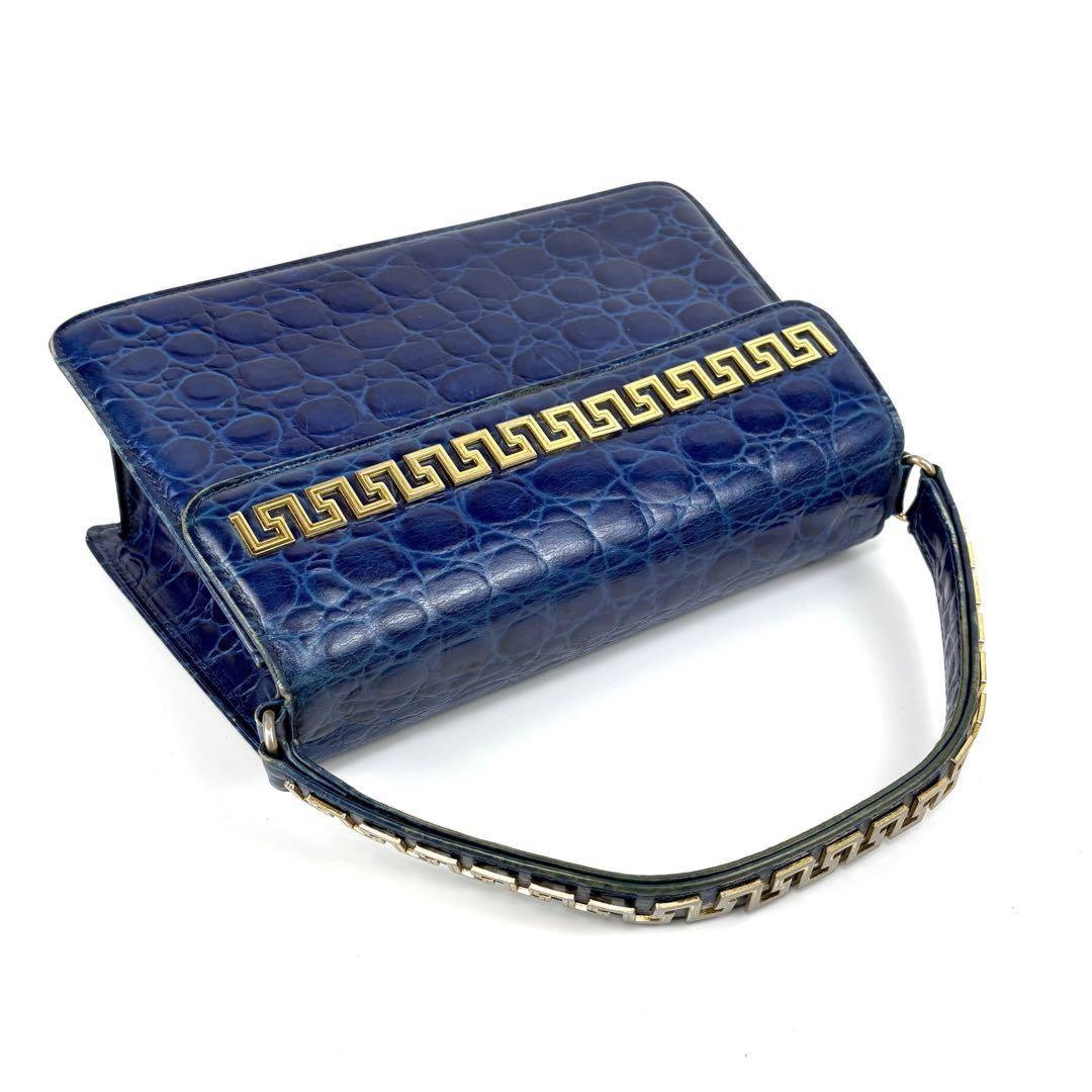 VERSACE Hand Bag Tote Purse Leather Blue Authentic