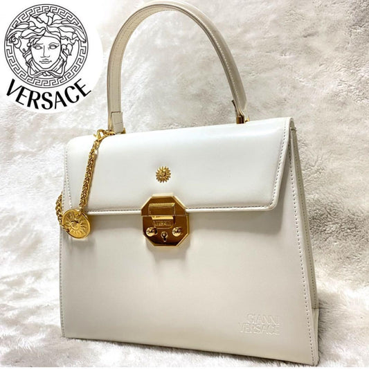 VERSACE Hand Bag Tote Purse Sunburst White Authentic