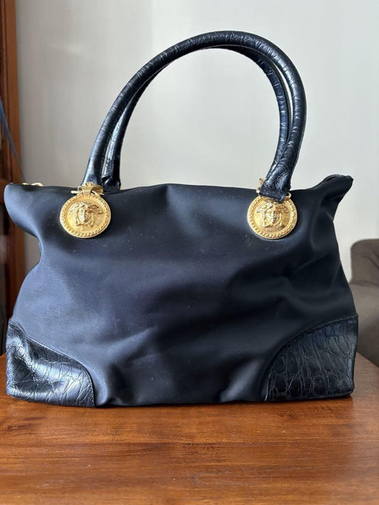 VERSACE Hand Bag Tote Purse Medusa Nylon Leather Black Authentic