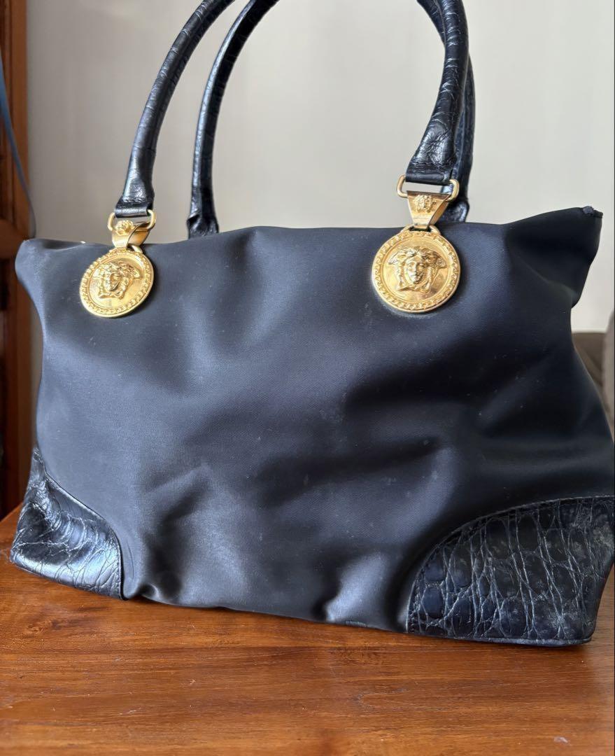 VERSACE Hand Bag Tote Purse Medusa Nylon Leather Black Authentic