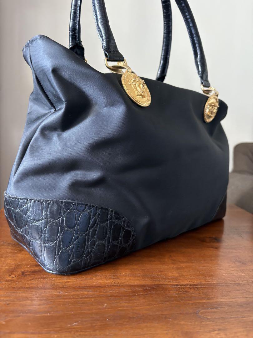 VERSACE Hand Bag Tote Purse Medusa Nylon Leather Black Authentic