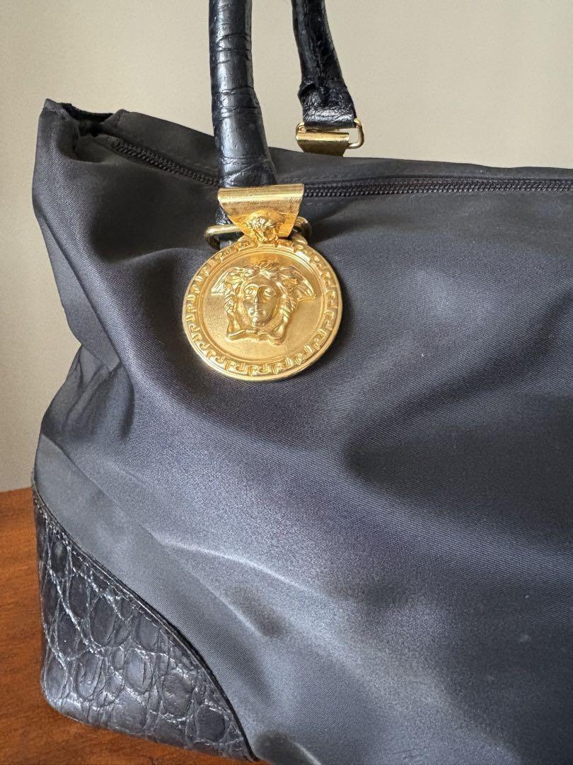VERSACE Hand Bag Tote Purse Medusa Nylon Leather Black Authentic